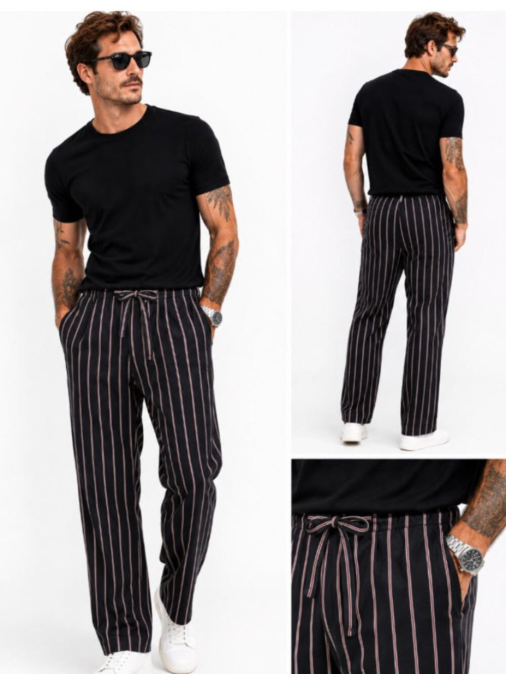 Loom Relaxed Fit Striped Slacks Drawstring Trousers 36x32 Black Burgundy